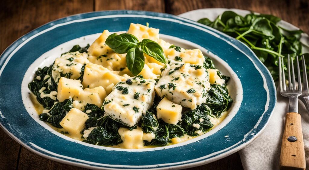 Bacalhau com Espinafres e Queijo