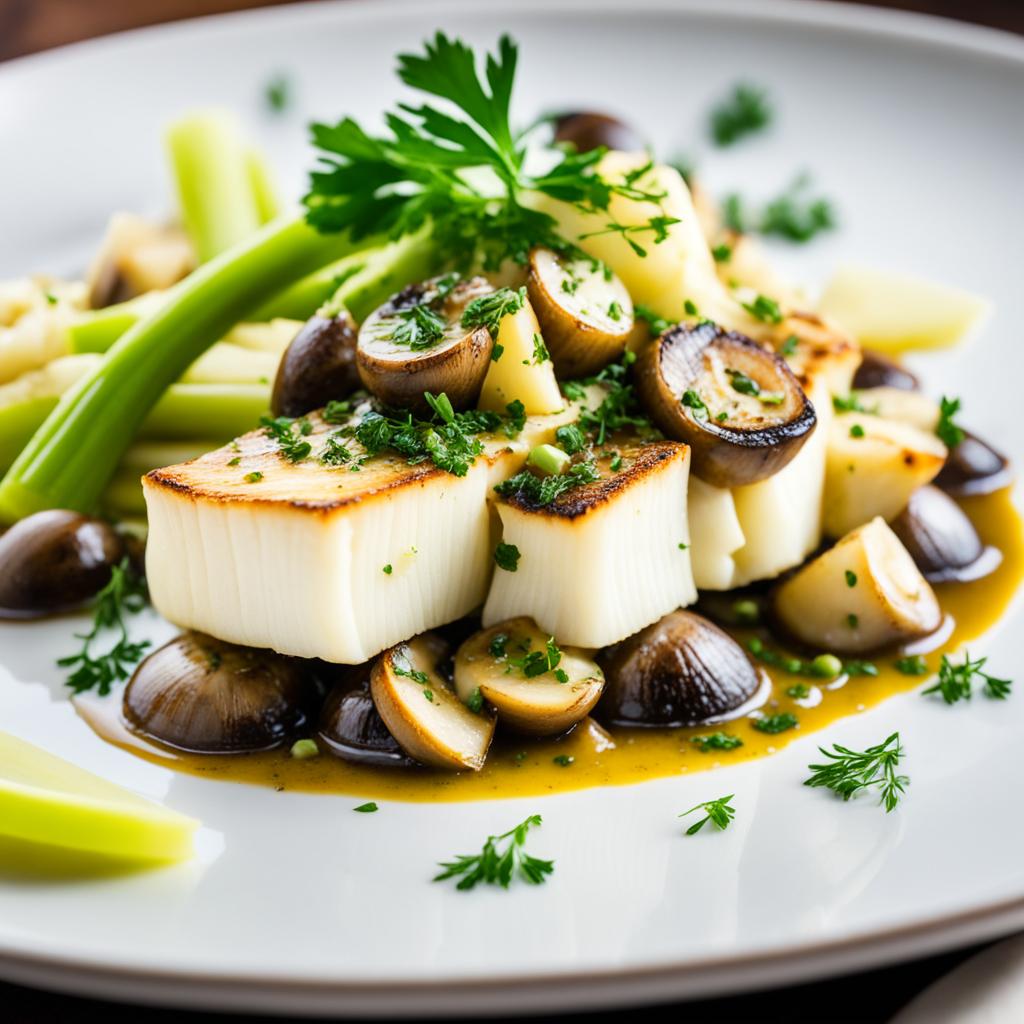 Bacalhau com cogumelos e alho-poró