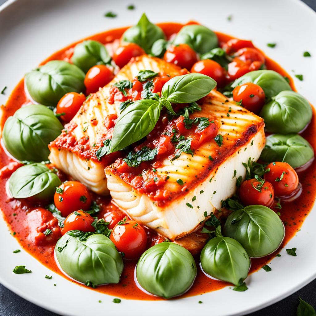 bacalhau ao molho de tomate e manjericão