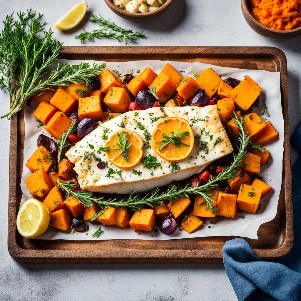 bacalhau com alho-poró e batata doce