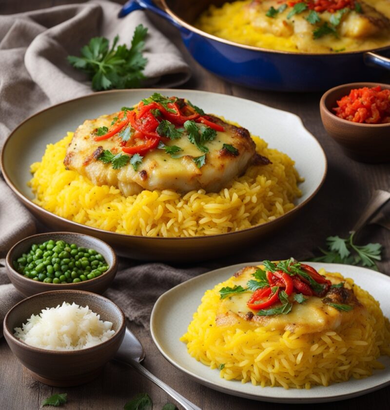 bacalhau com arroz de açafrão e pimentos