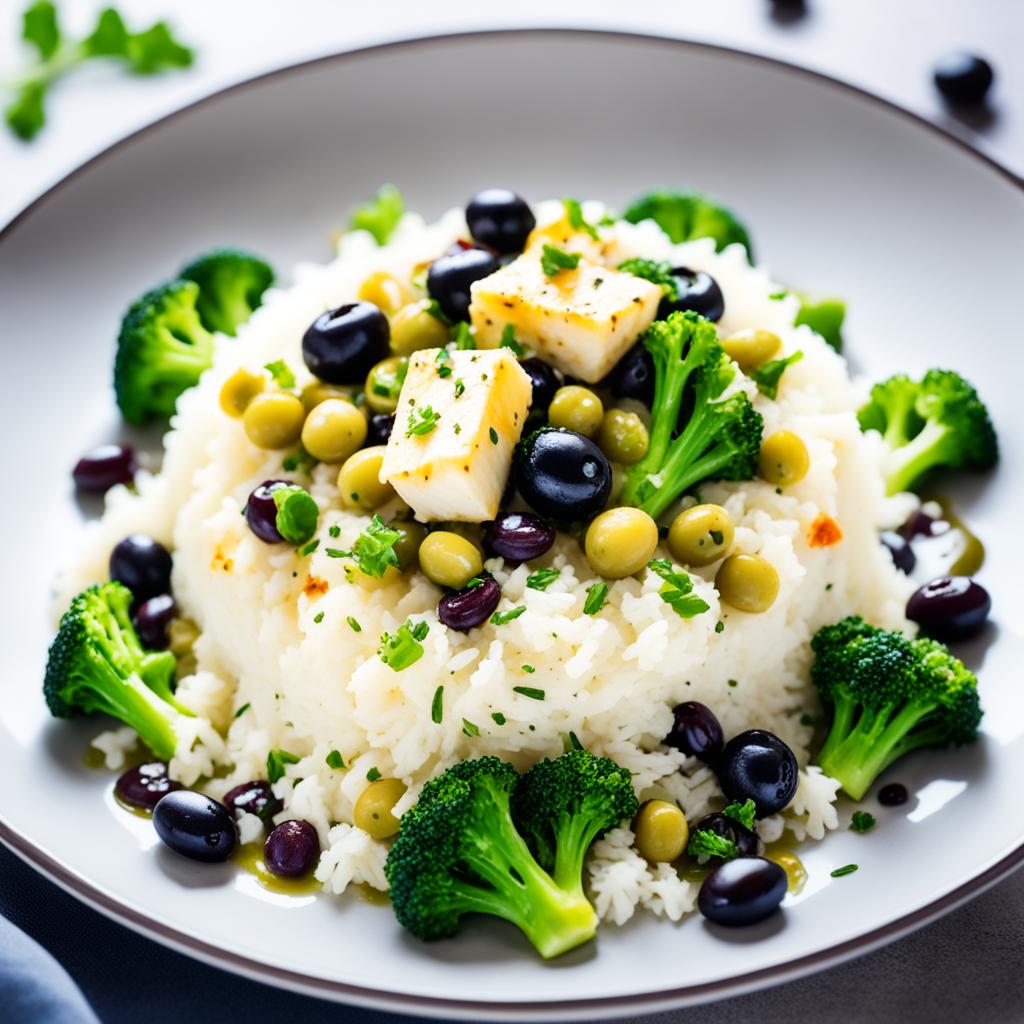 bacalhau com arroz de brócolis e azeitonas