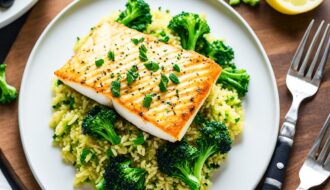 bacalhau com arroz de brócolis e azeitonas