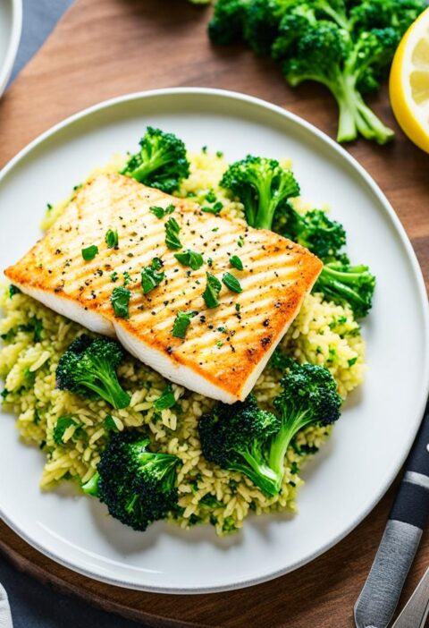 bacalhau com arroz de brócolis e azeitonas