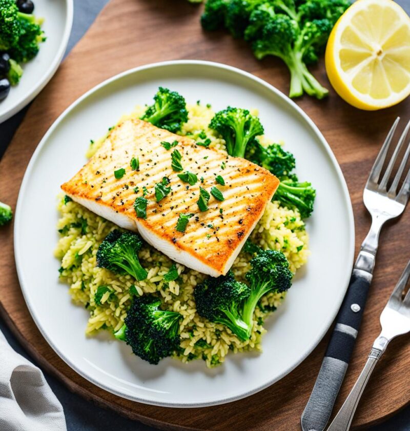 bacalhau com arroz de brócolis e azeitonas