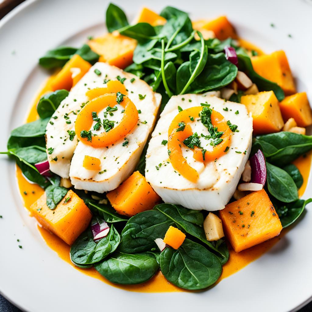 bacalhau com batata-doce e espinafre