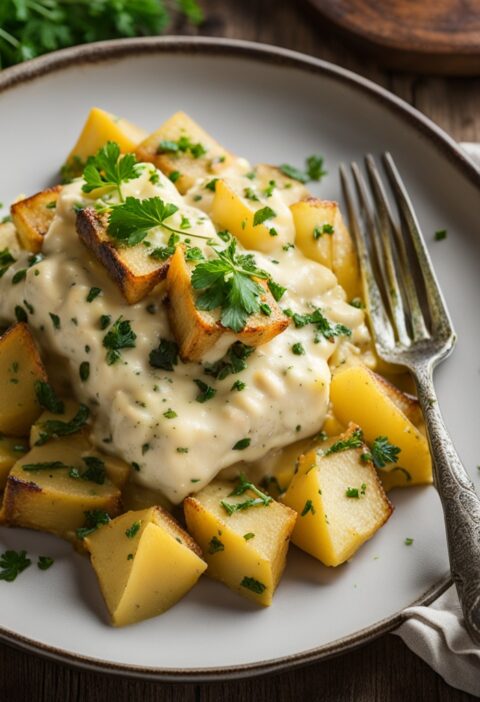 bacalhau com batata palha e creme de leite