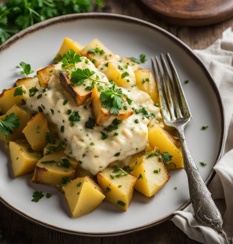 bacalhau com batata palha e creme de leite