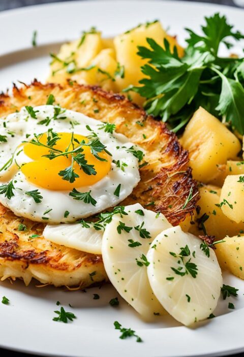 bacalhau com batata rosti e alho-poró