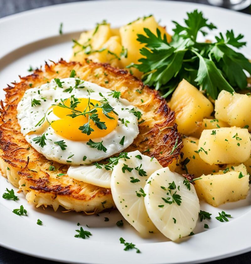 bacalhau com batata rosti e alho-poró