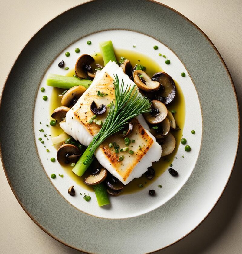 bacalhau com cogumelos e alho-poró