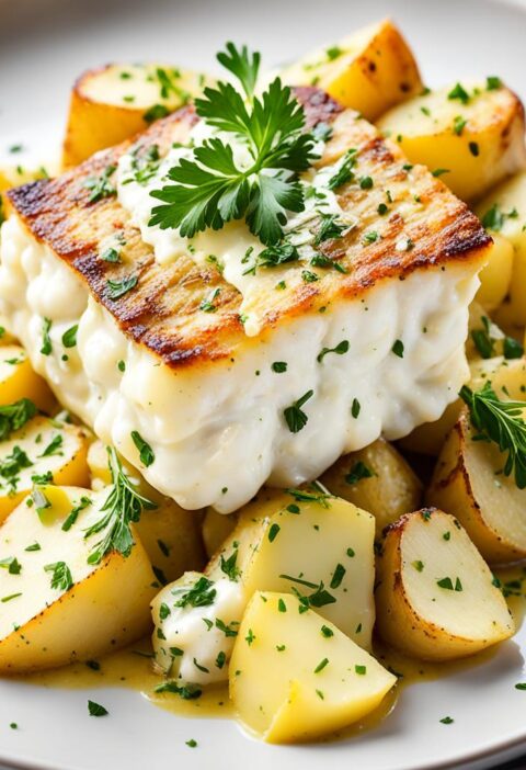 bacalhau com creme de alho e batatas