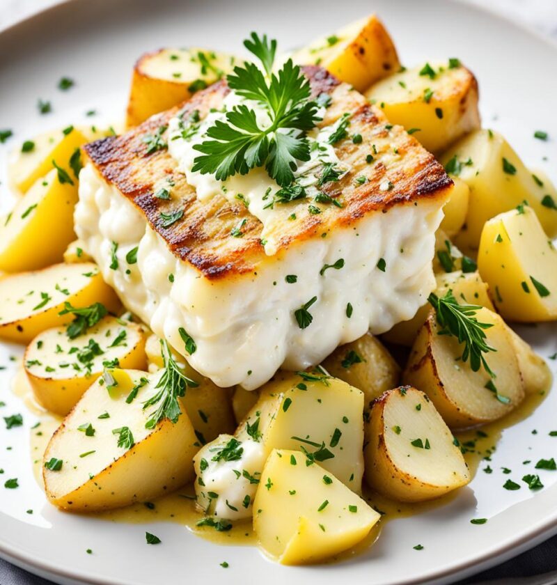 bacalhau com creme de alho e batatas