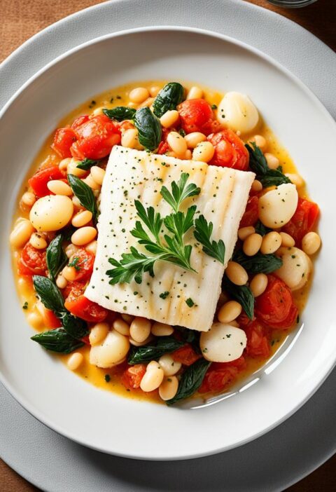 bacalhau com feijão branco e tomate