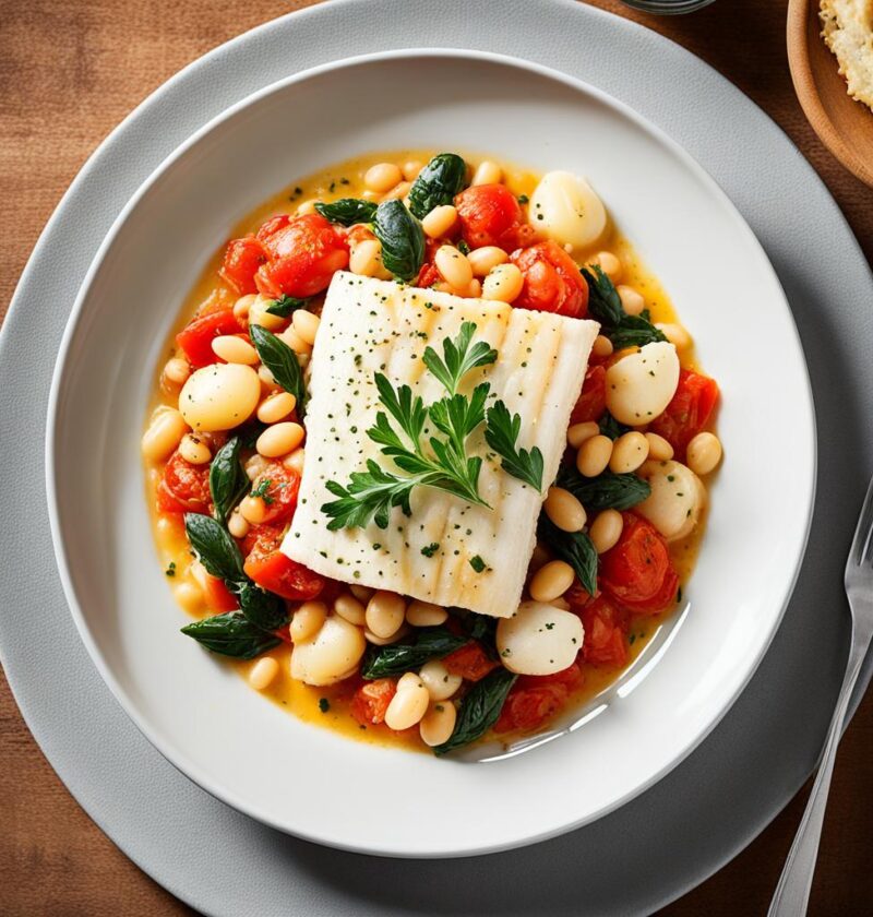 bacalhau com feijão branco e tomate