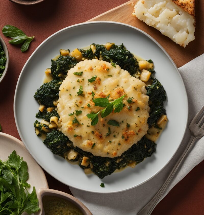 bacalhau com grão-de-bico e espinafre