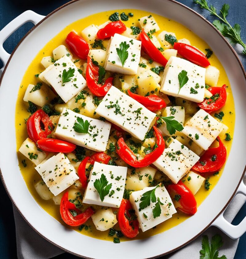 bacalhau com grão-de-bico e pimentões