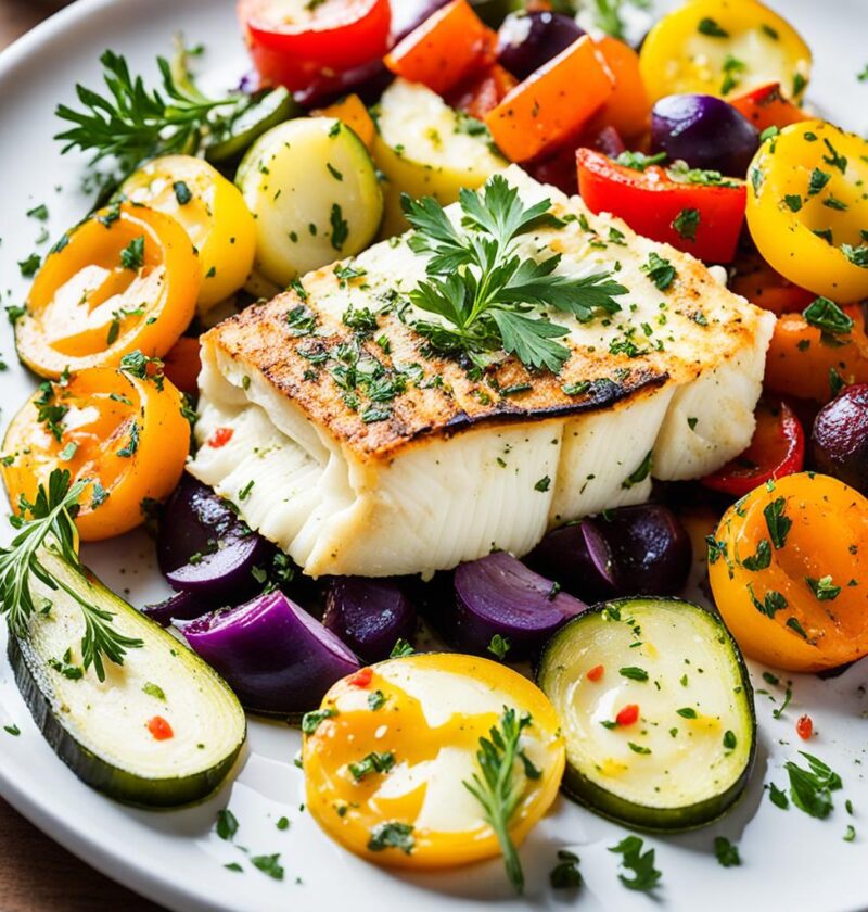 bacalhau com legumes assados e azeite