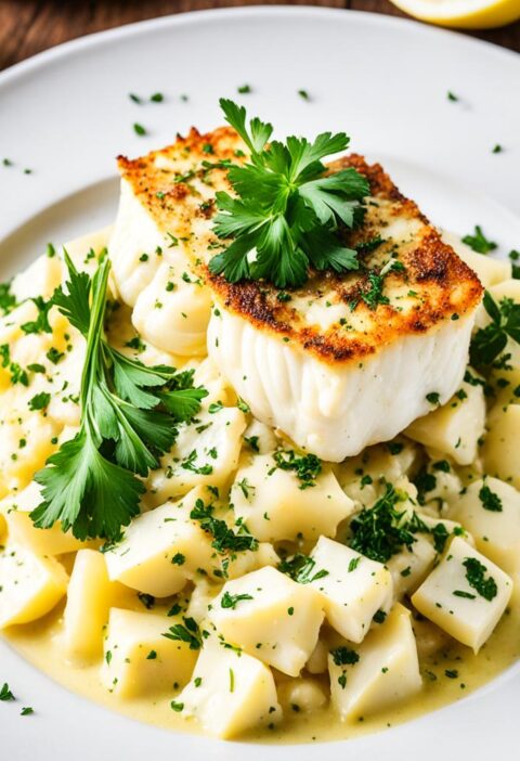 bacalhau com purê de batata e alho assado