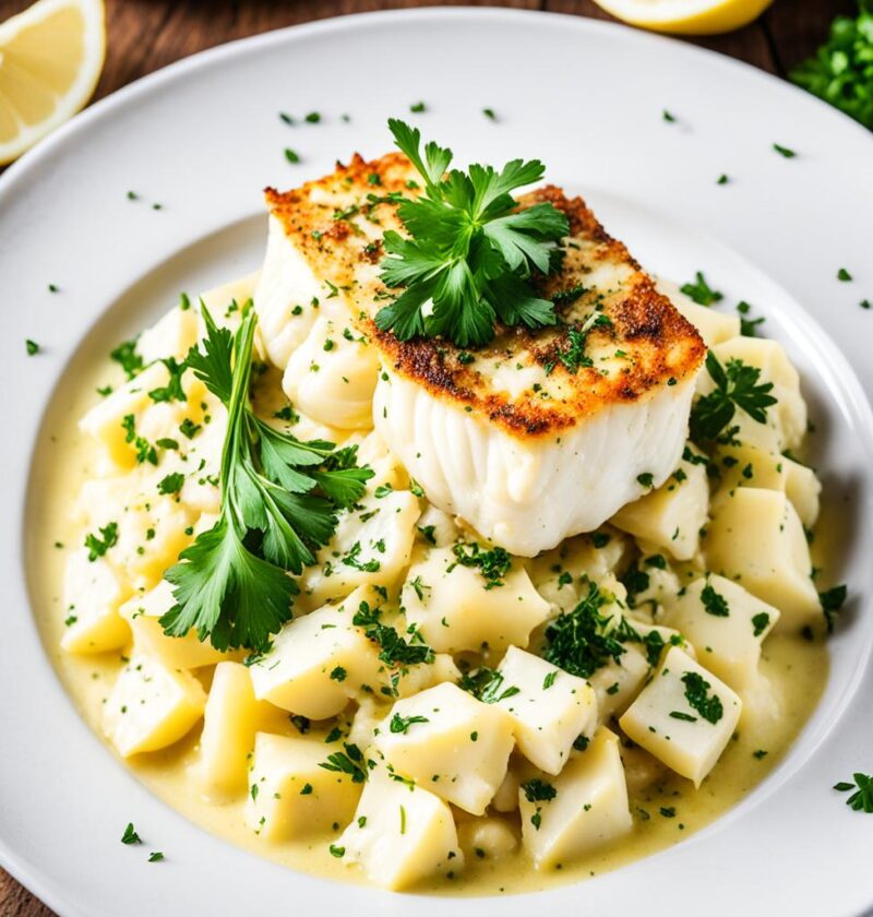 bacalhau com purê de batata e alho assado