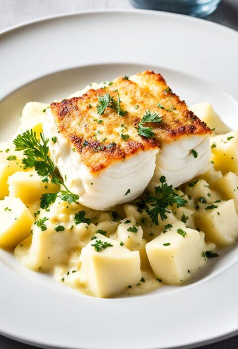 bacalhau com purê de batatas e queijo