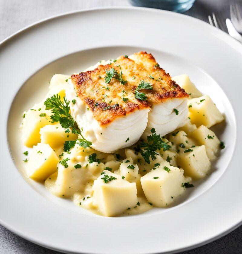 bacalhau com purê de batatas e queijo