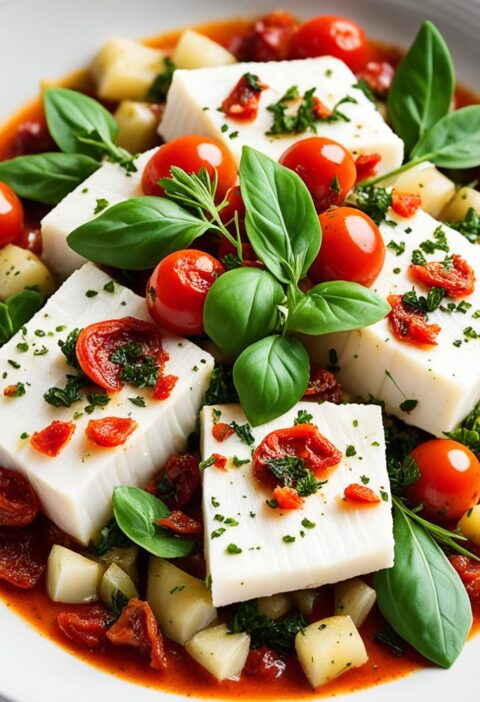 bacalhau com tomate seco e rúcula