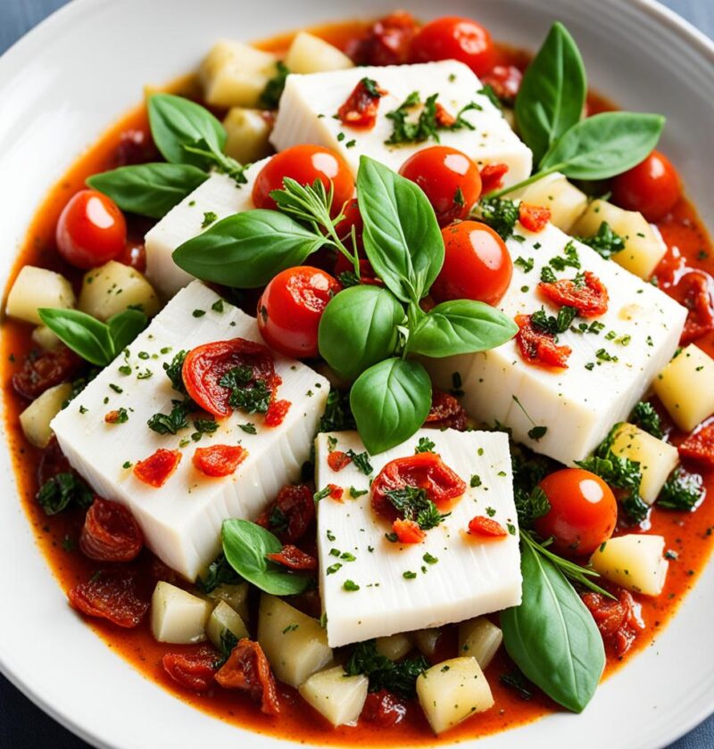 bacalhau com tomate seco e rúcula