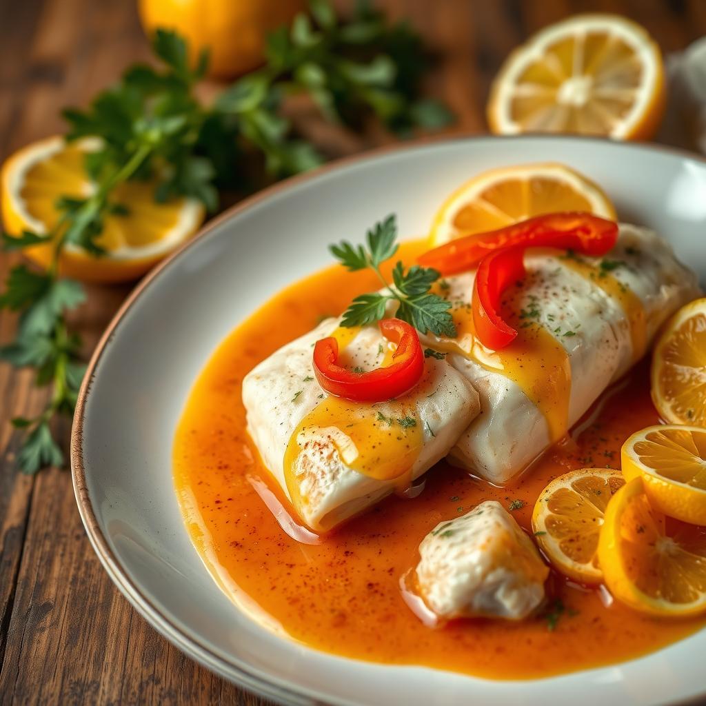 Bacalhau ao Molho de Laranja e Pimentão Vermelho