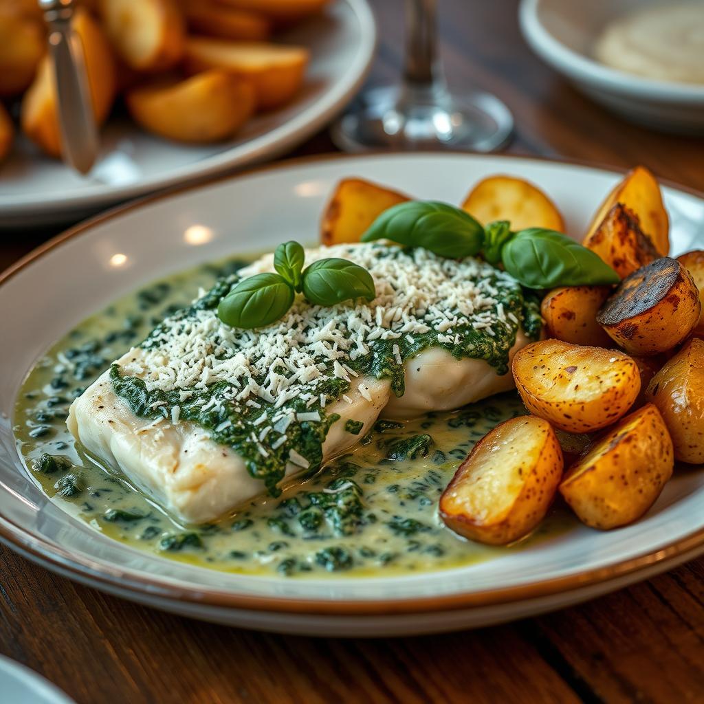 Bacalhau ao molho de espinafre e queijo parmesão