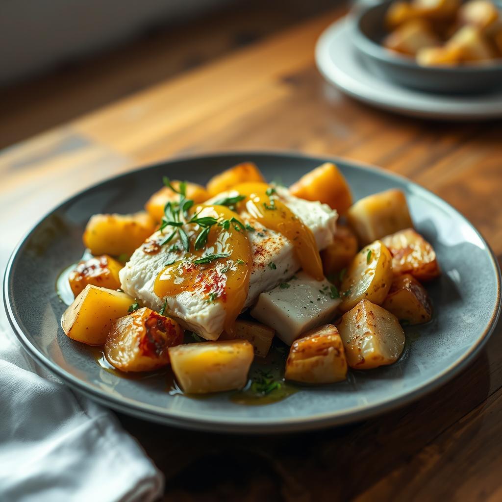 Bacalhau com Batatas Rústicas e Alho Confitado