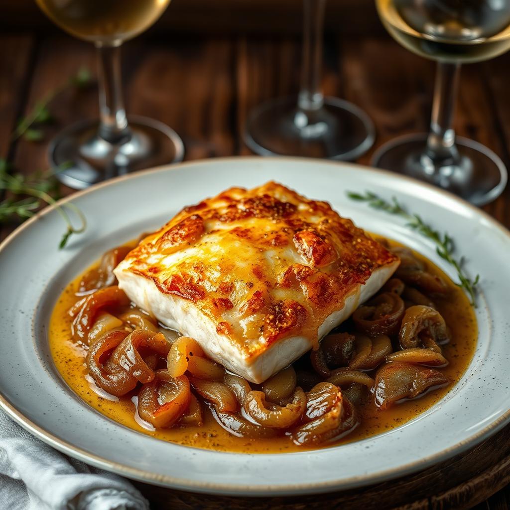 Bacalhau com cebola caramelizada e queijo gratinado