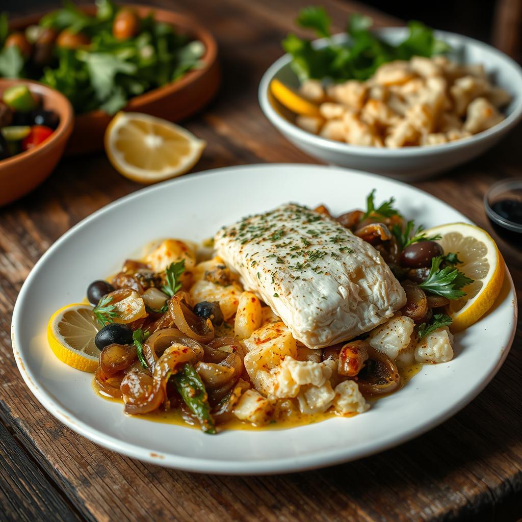 acompanhamentos bacalhau com batata gratinada e cebola caramelizada