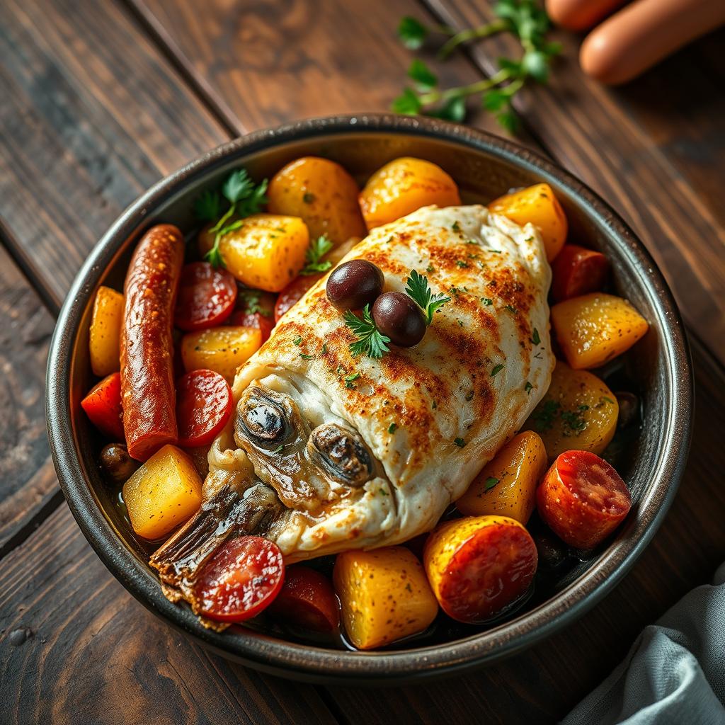 bacalhau à portuguesa com batatas e chouriço