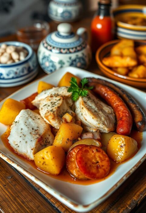 bacalhau à portuguesa com batatas e chouriço