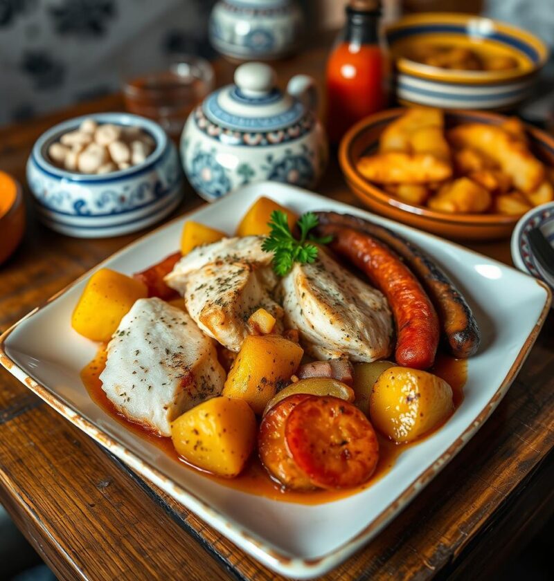 bacalhau à portuguesa com batatas e chouriço