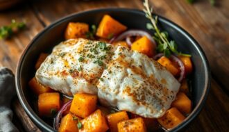 bacalhau ao forno com batata doce e cebola roxa