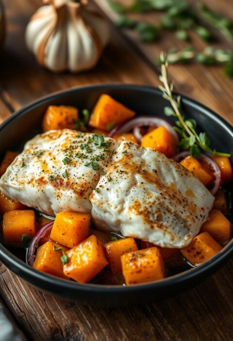 bacalhau ao forno com batata doce e cebola roxa