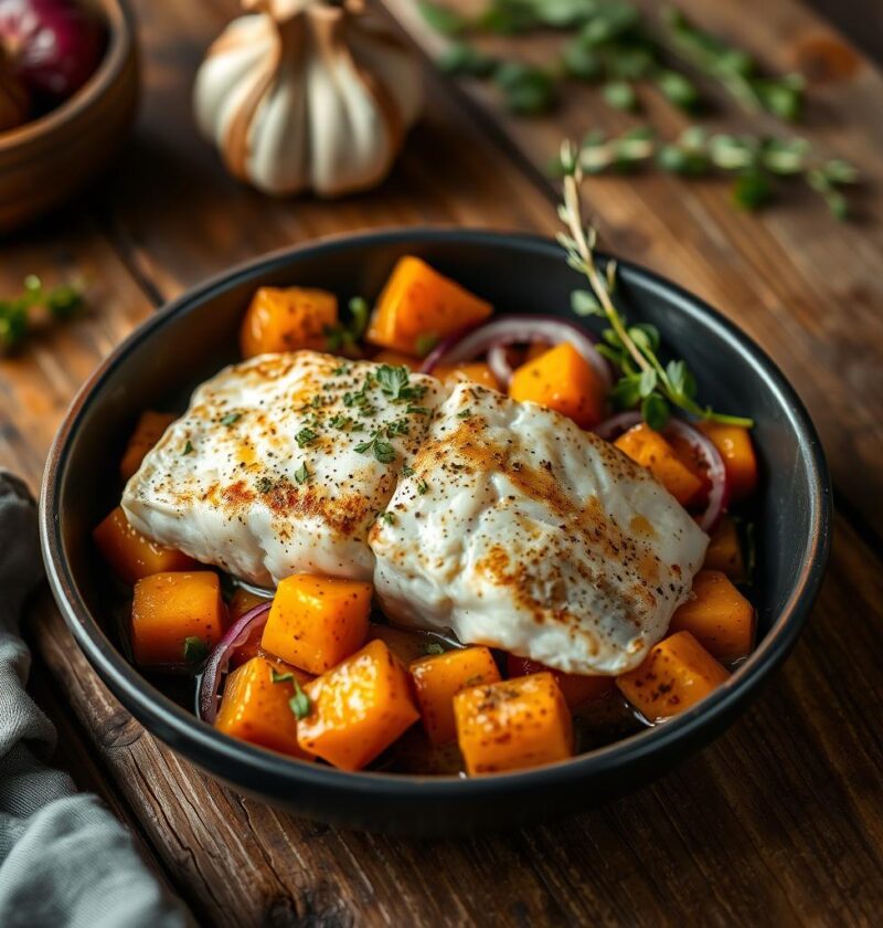 bacalhau ao forno com batata doce e cebola roxa