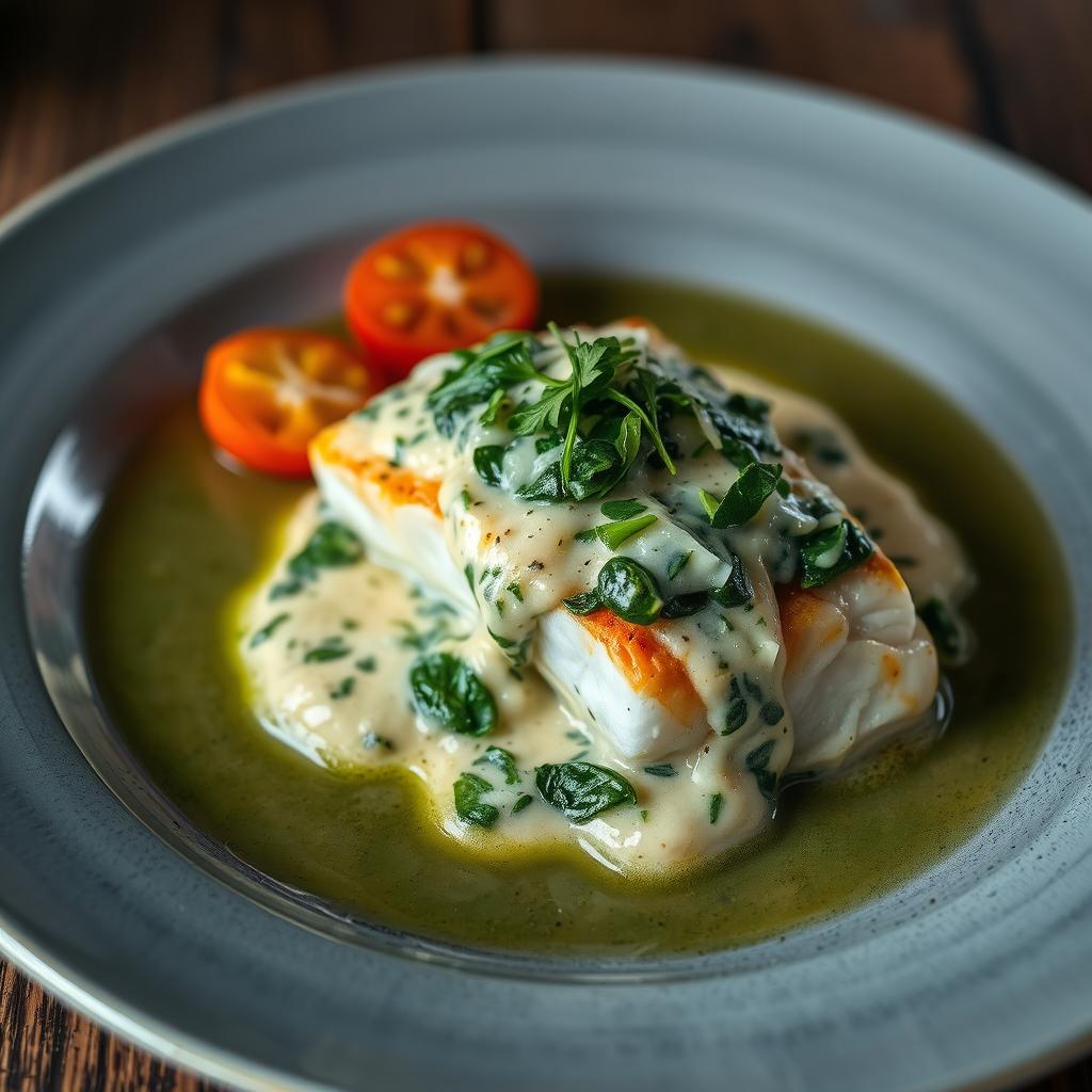 bacalhau ao molho de espinafre e queijo parmesão