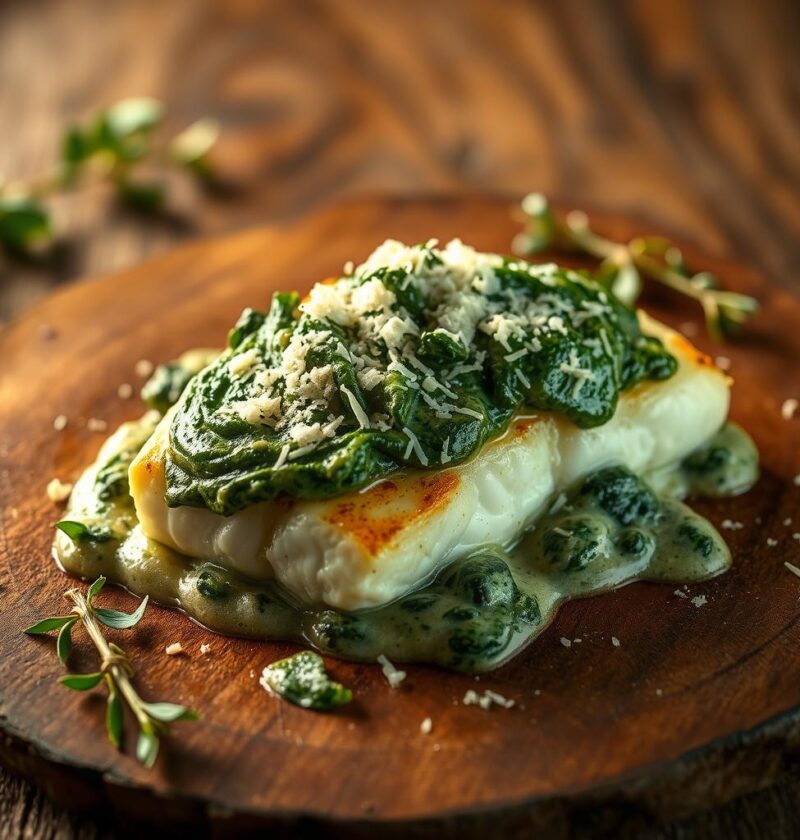 bacalhau ao molho de espinafre e queijo parmesão