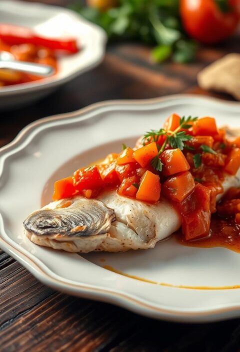 bacalhau ao molho de laranja e pimentão vermelho