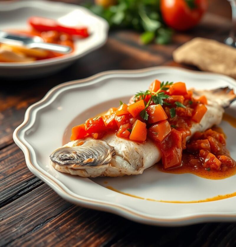 bacalhau ao molho de laranja e pimentão vermelho