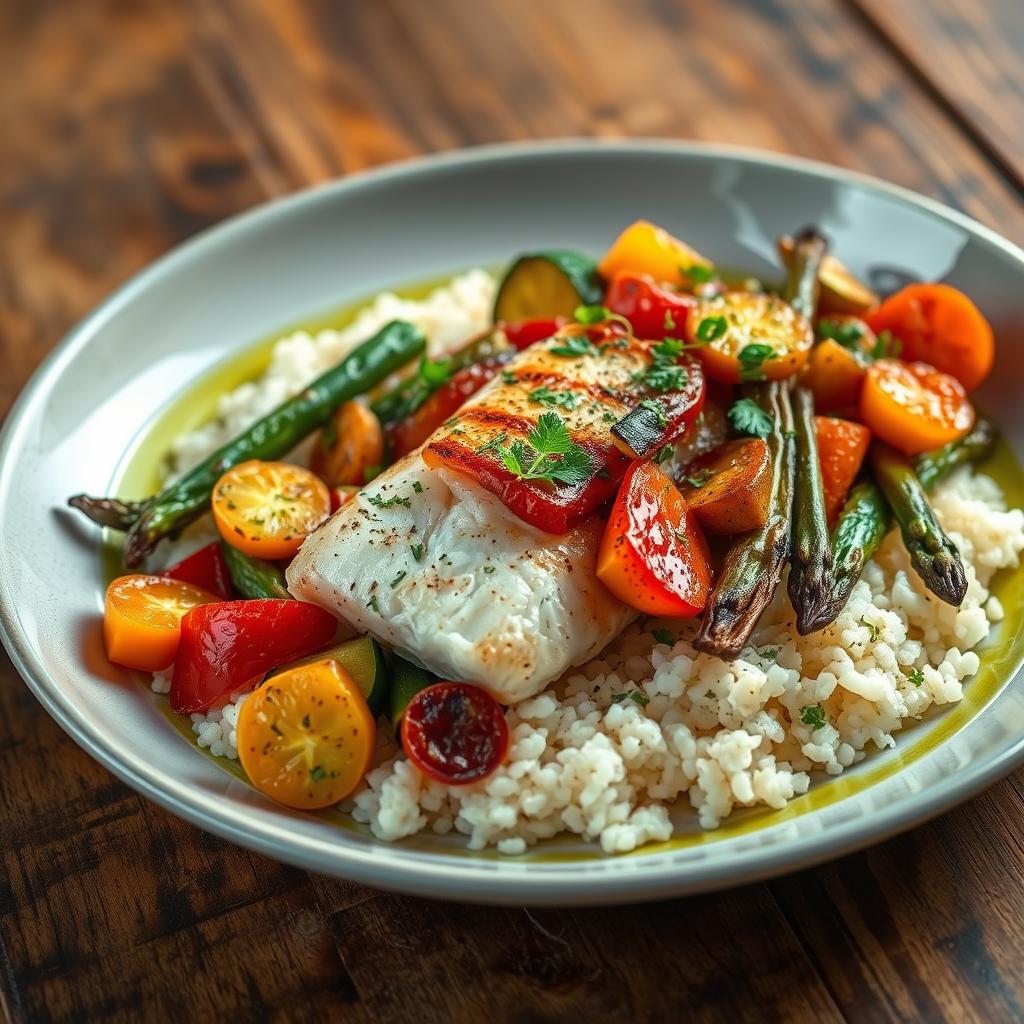 bacalhau, arroz de couve-flor e legumes grelhados