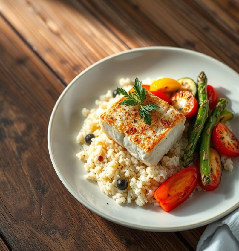 bacalhau com arroz de couve-flor e legumes grelhados