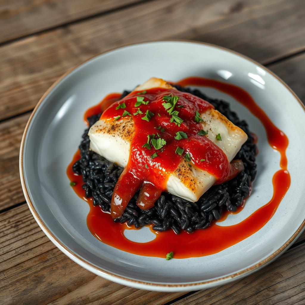 bacalhau com arroz negro e molho de tomate