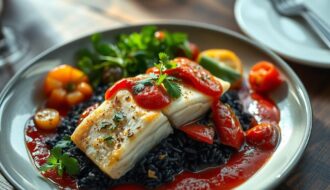 bacalhau com arroz negro e molho de tomate