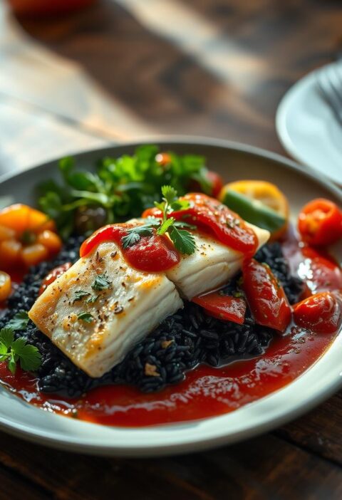 bacalhau com arroz negro e molho de tomate