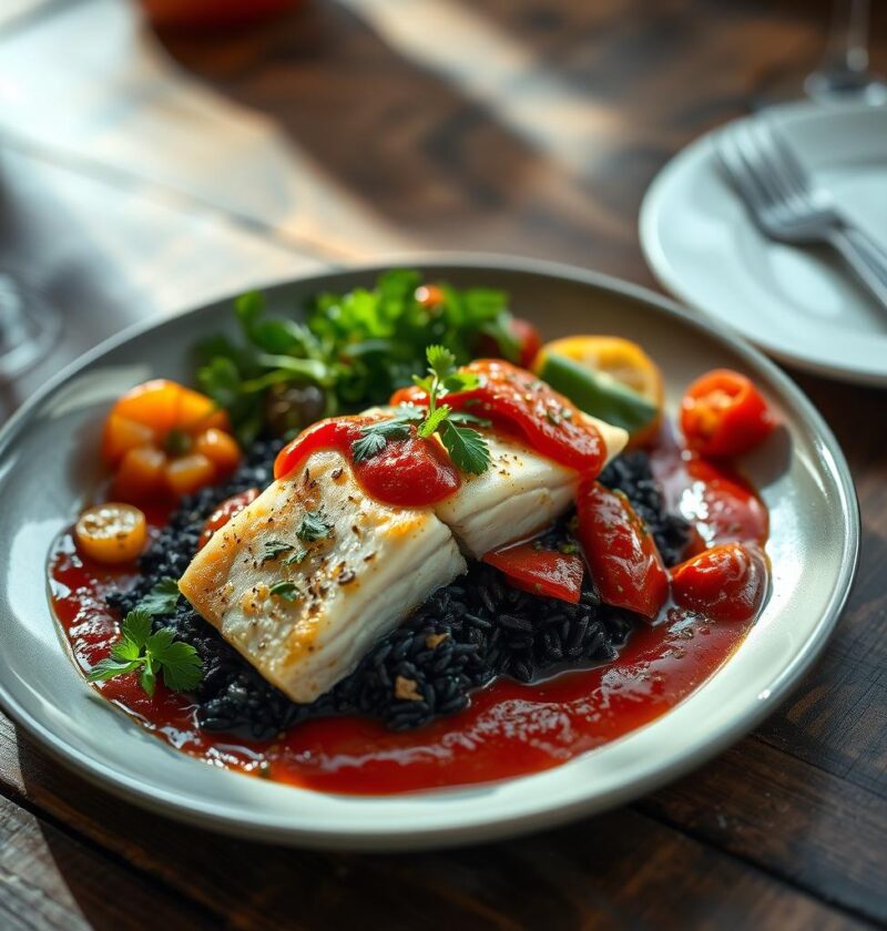 bacalhau com arroz negro e molho de tomate