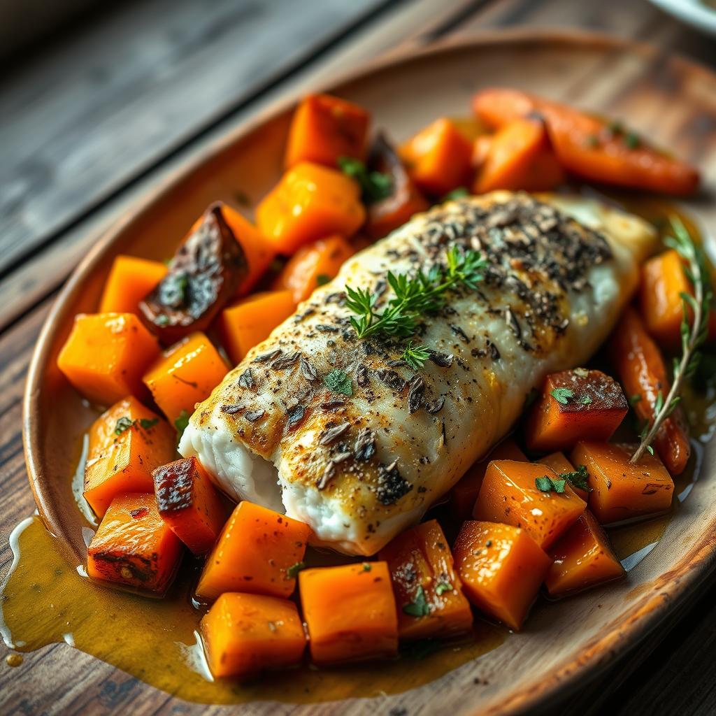 bacalhau com batata-doce e cenoura